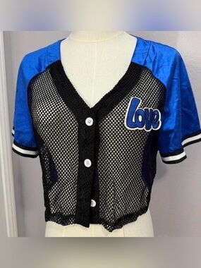 Blue and Black Mesh Button-Front Crop Cardigan - Love Patch